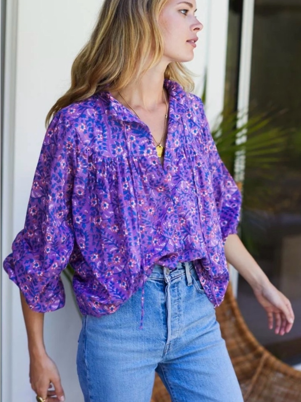 Emerson Fry Purple Floral Peasant Blouse! XS! EUC! 100% Organic cotton!
